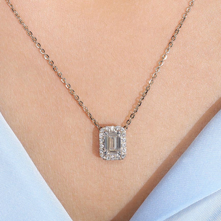 1.0Ct Lab Diamond Halo Set Necklace in 14K Gold For Women