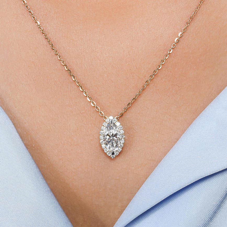 1.0Ct Lab Diamond Halo Set Necklace in 14K Gold For Women