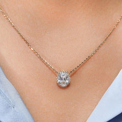 1.0Ct Lab Diamond Halo Set Necklace in 14K Gold For Women