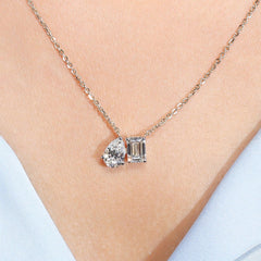 2.0Ct Lab Diamond Pear & Emerald Toi Et Moi Necklace in 14K Gold
