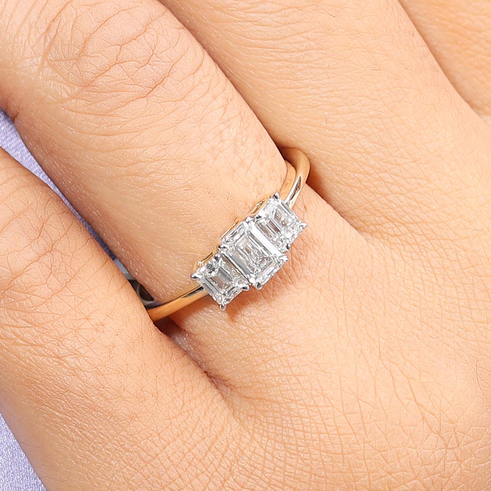 Emerald Three Stone Trilogy Engagement Ring in 4K Gold