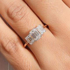 Emerald Three Stone Trilogy Engagement Ring in 4K Gold
