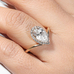 Pear Shape Halo Chevron Ring in 14K Gold Engagement Jewelry