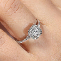 Asscher Cut Halo Engagement Ring with Accent Diamonds in 14K Gold