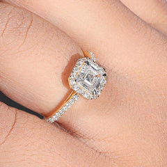 Asscher Cut Halo Engagement Ring with Accent Diamonds in 14K Gold