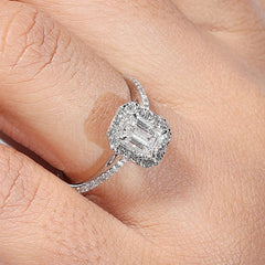 Emerald Shape Halo Diamond Ring in 14K Gold